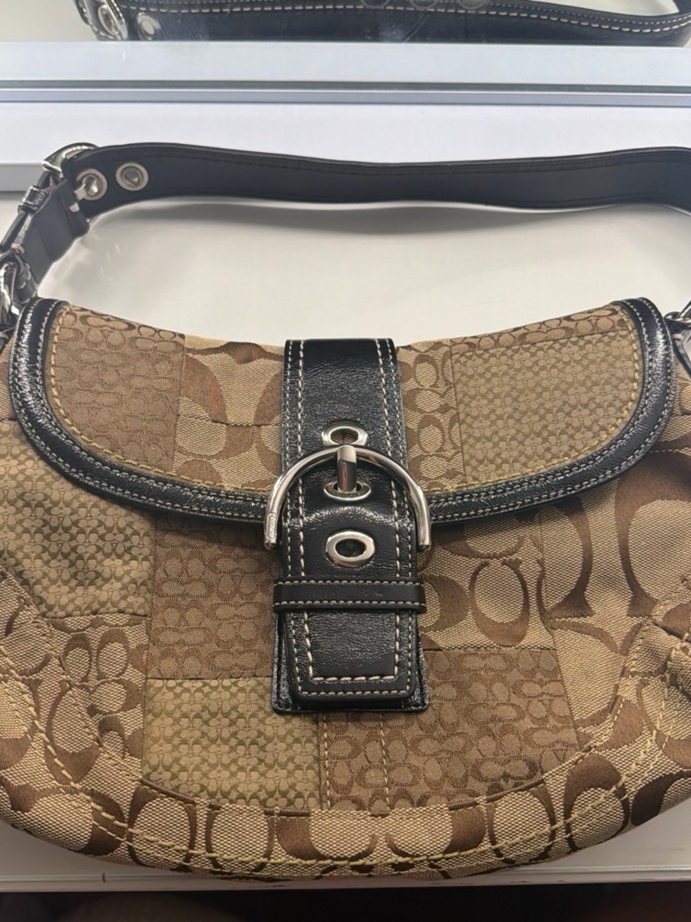 Coach Patchwork Signature Canvas Shoulder Bag in Brown with Black Trim